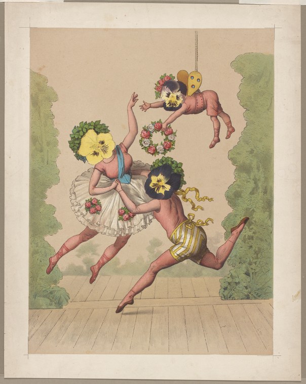 Three stylised figures with oversized flower heads dance on a wooden stage framed by green hedges; the central figure leaps with arms raised, while one hovers