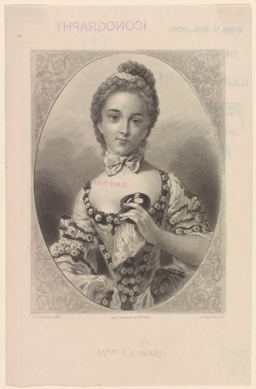 Engraved portrait of a woman in 18th-century dress within a decorative oval frame.