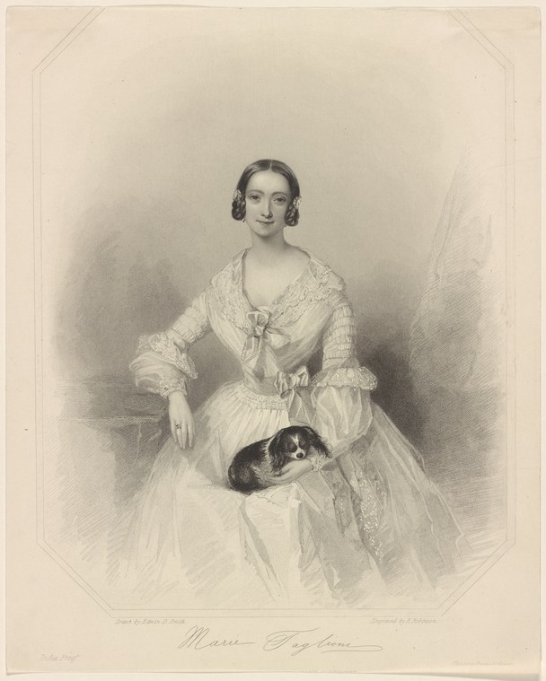 Young woman in white Romantic-era dress seated with a small dark dog on her lap, engraved portrait labeled Maria Taglioni.