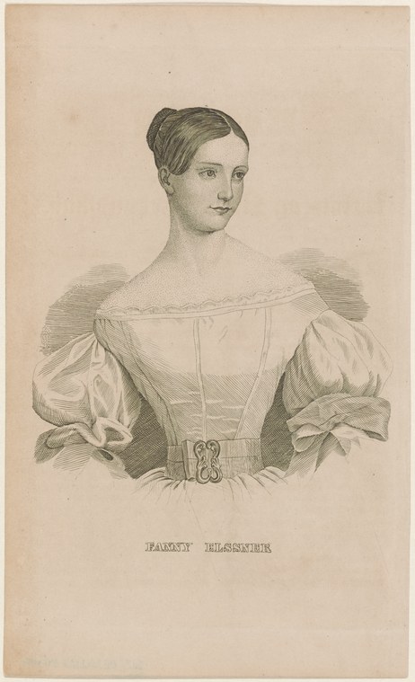 Engraved portrait of Fanny Elssler, a woman in a white off-shoulder dress with puffed sleeves, gazing calmly at the viewer.