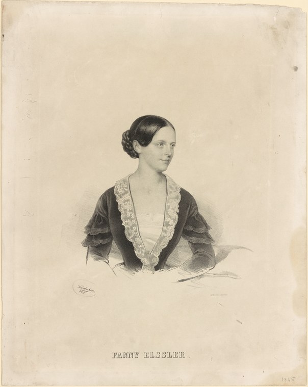 Bust-length portrait engraving of a dark-haired woman in a dark silk dress with sheer sleeves and ornate lace collar, shown in three-quarter view against a