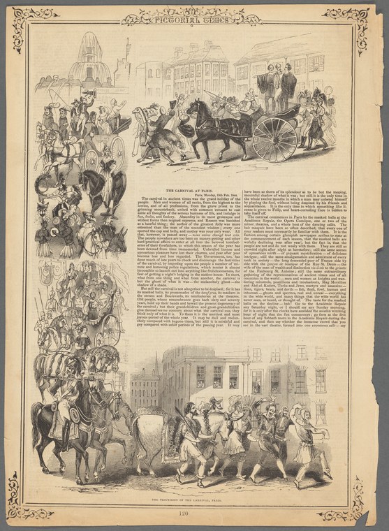 Multi-panel wood engraving of crowded Parisian carnival scenes with masked revelers, dancers, and costumed figures in street and ballroom settings.