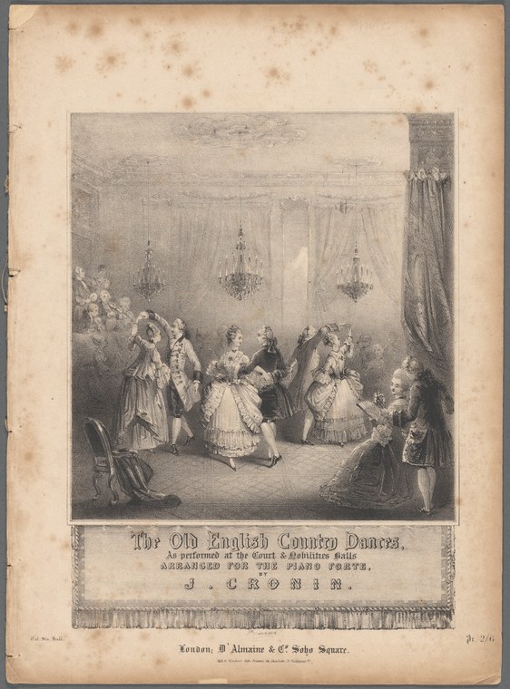 Engraved ballroom scene showing couples in regency dress performing English country dance beneath chandeliers in a formal interior.