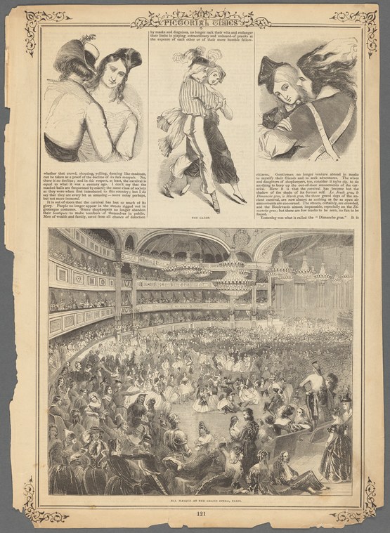 Three sketches of Victorian couples dancing in energetic poses, above a crowded masquerade ball scene in an ornate theater.