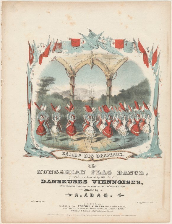 Two rows of dancers in red and white costumes waving flags in unison beneath a pavilion, in a 19th-century colored engraving.