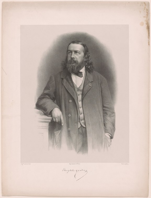 Engraved portrait of a bearded man in 1860s dress with long hair, gazing left with left arm resting on a surface.