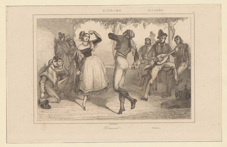 A woman in a white dress dances energetically in a village setting surrounded by seated and standing spectators in 19th-century dress.