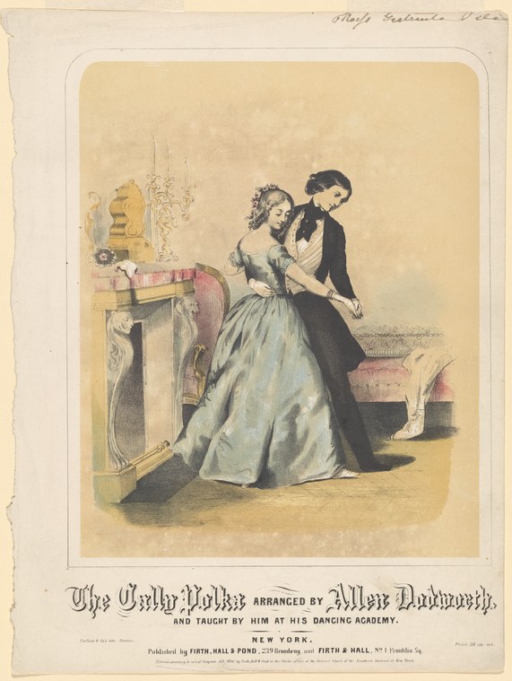 Hand-colored lithograph showing a man and woman in mid-nineteenth-century dress dancing the Polka in a ballroom, the woman leaning back in the man's supporting