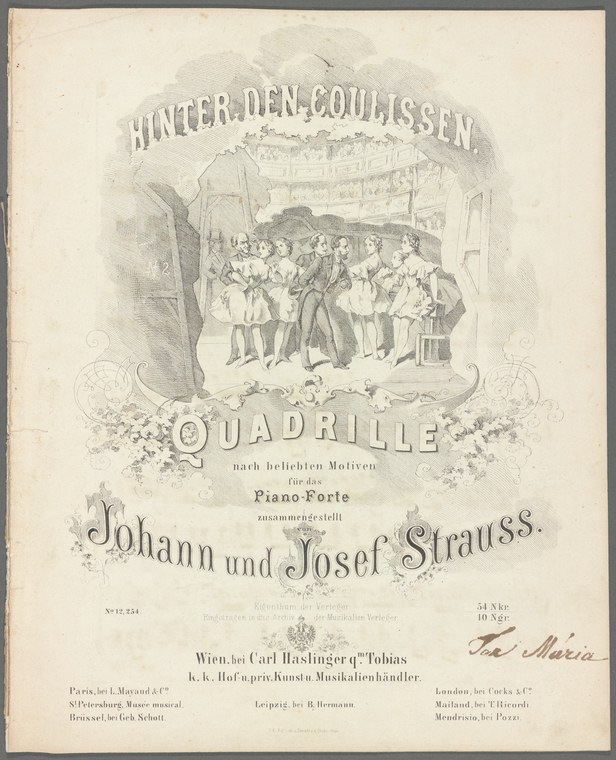 Engraved sheet-music cover showing a lively quadrille in progress, with formally dressed couples in two facing lines beneath an ornate arch labeled 'Hinter den