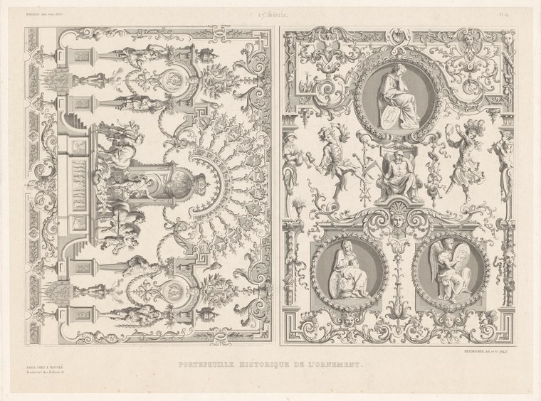 Two pages of ornamental engravings: left page shows symmetrical architectural design with classical figures and urns; right page displays three oval portrait