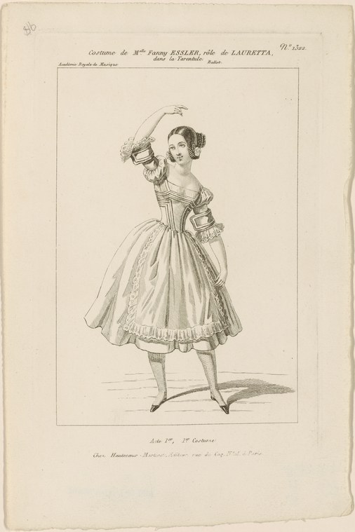 Engraved portrait of a female ballet dancer in pale Romantic-era costume with raised arm, wearing 1830s dress.