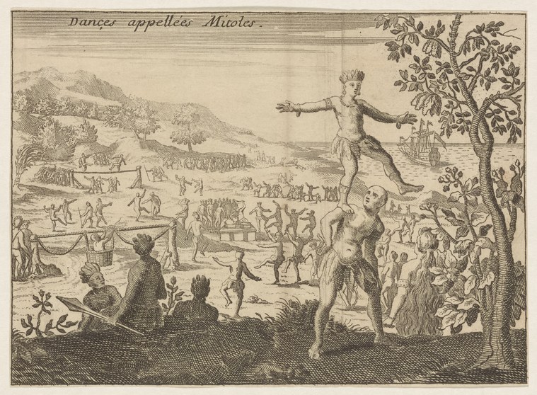 Engraving showing dozens of indigenous dancers in athletic, expansive poses scattered across a landscape, surrounded by spectators and earthenware vessels.