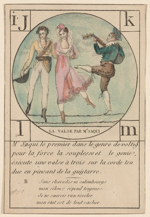 Hand-colored engraving of a man and woman waltzing in theatrical dress, with a second man gesturing beside them.