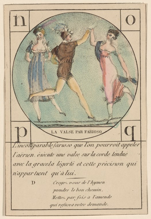 Three neoclassically dressed dancers in mid-waltz on a rope: a man in brown and two women in blue and pink, floating in an oval frame.