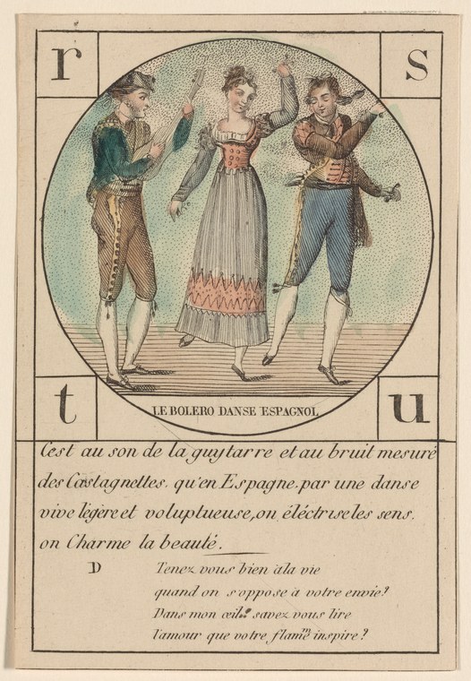 Three figures in 18th-century dress perform a bolero: a woman in a high-waisted white dress with arms raised, flanked by two men in dark jackets and breeches.
