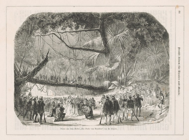 Engraving of a tropical scene crowded with formally dressed spectators gathered among massive palm trees, titled as a scene from ballet.