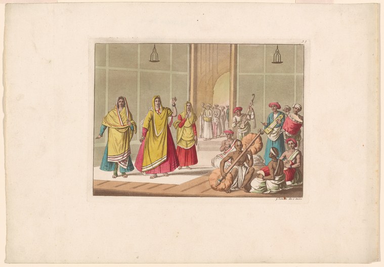 Three elegantly dressed women stand in a palace hall facing attendants and musicians seated and gathered around them in a formal court scene.