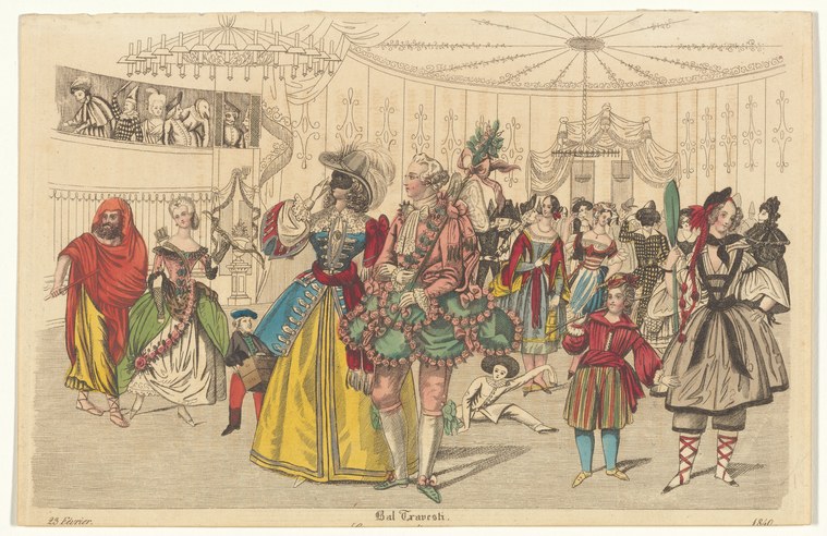 Regency-era ballroom in neoclassical interior with couples in empire dress dancing and promenading.