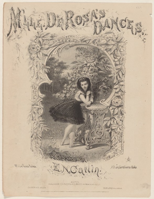Engraved portrait of a young woman in mid-19th-century dress, seated in a garden, framed by ornamental roses and scrollwork.