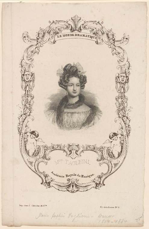 Portrait bust of a young woman with dark hair, wearing a high-necked dress, in an ornamental rococo-revival frame, inscribed "Mlle Taglioni."