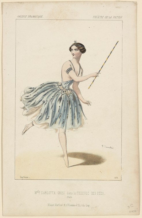 Colored lithograph: female dancer in pale tutu and bare shoulders, one leg extended behind, holding a wand in raised right hand, gazing forward in profile.