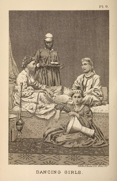 Engraving showing three women in turbans and patterned robes observing a youth stretching horizontally on an ornate floor in a luxury interior.