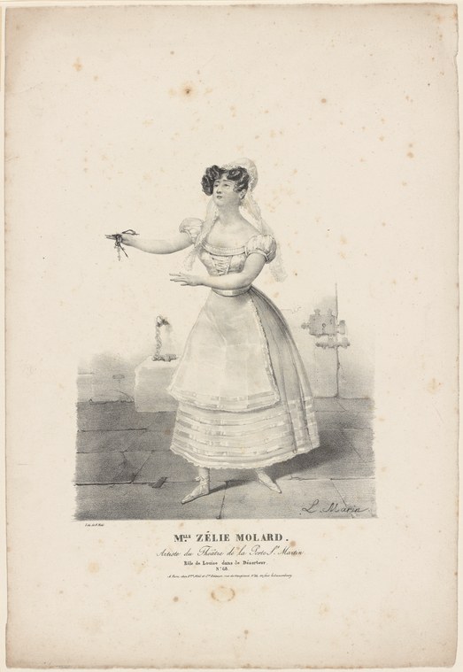 Early 19th-century theatrical engraving of a woman in white muslin dress and bonnet, standing with right arm extended, holding a bouquet.