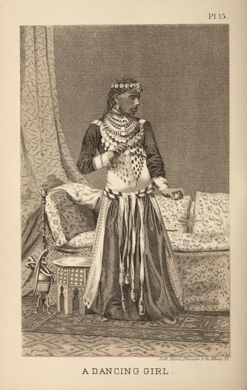 Woman in Renaissance dress with jeweled collar and pleated skirt stands in formal pose in an ornate interior, captured in a fine-line engraving.