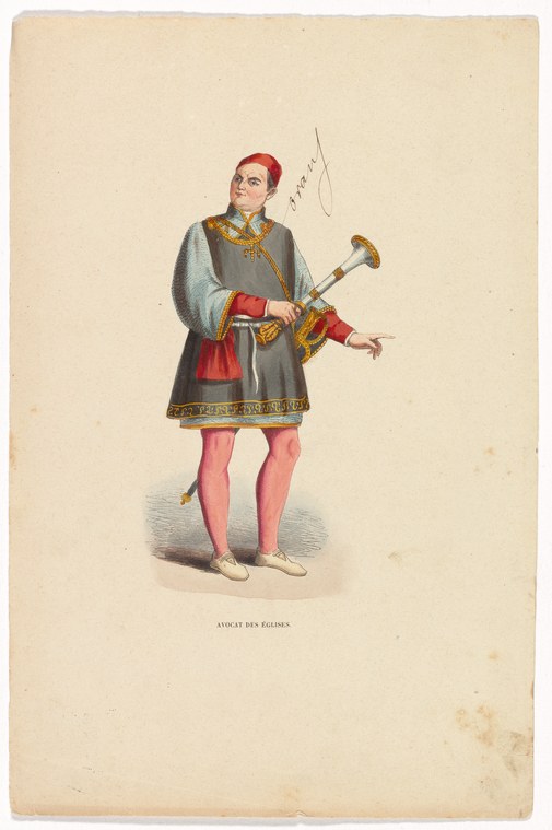 A red-haired man in Renaissance court dress holds a ceremonial staff, wearing a grey tunic with gold trim and bright pink hose.