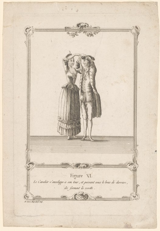 Two 18th-century figures in formal dress perform a symmetric turning movement, arms raised, in an engraved dance instruction manual.