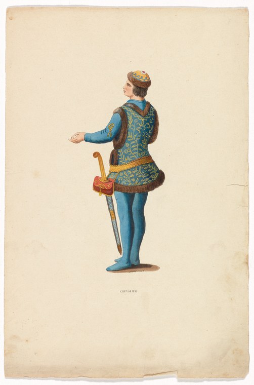 Man in Renaissance court dress with blue doublet, gold embroidery, hose, and feathered hat, standing in profile with right arm extended.