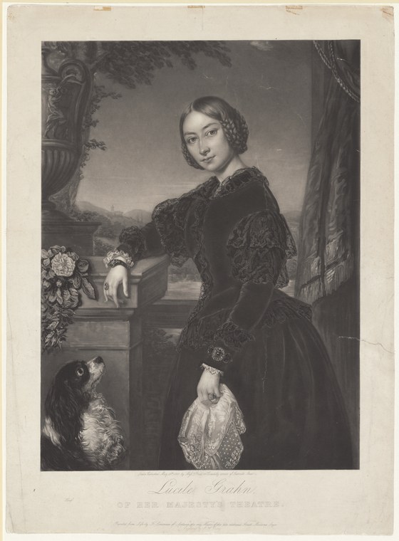 Engraved portrait of a young woman in dark velvet dress with lace sleeves, standing by a balustrade with a spaniel at her feet and flowers beside her.