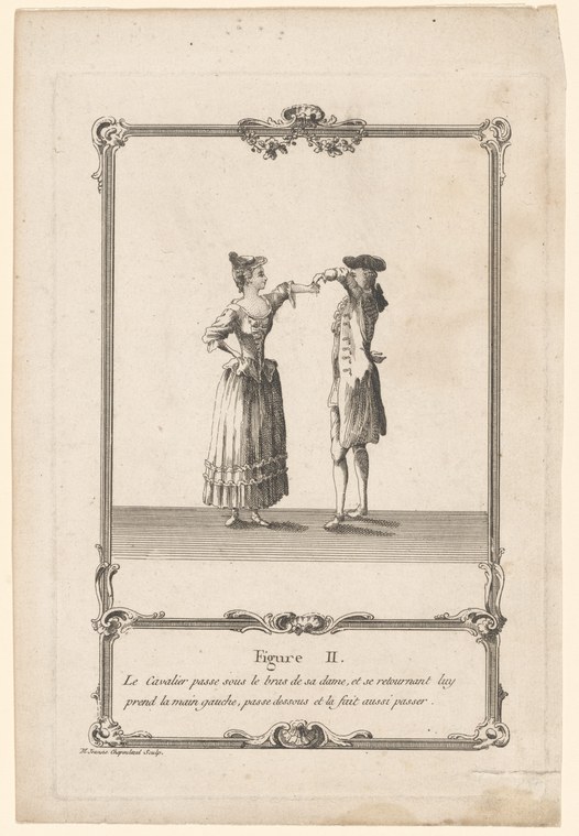 Man and woman in 18th-century dress face each other with raised arms joined; he passes his arm beneath hers in a formal dance figure.