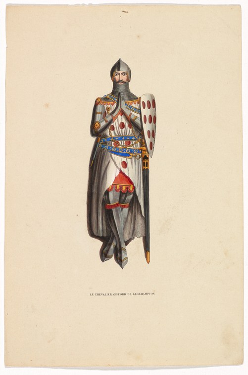 A medieval knight in formal military dress stands holding a spear, wearing a pointed helmet and ornate cloak.