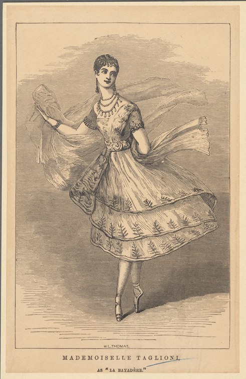 Engraving of a female dancer in 19th-century ballet costume, holding flowing scarves, in a graceful, upright pose.