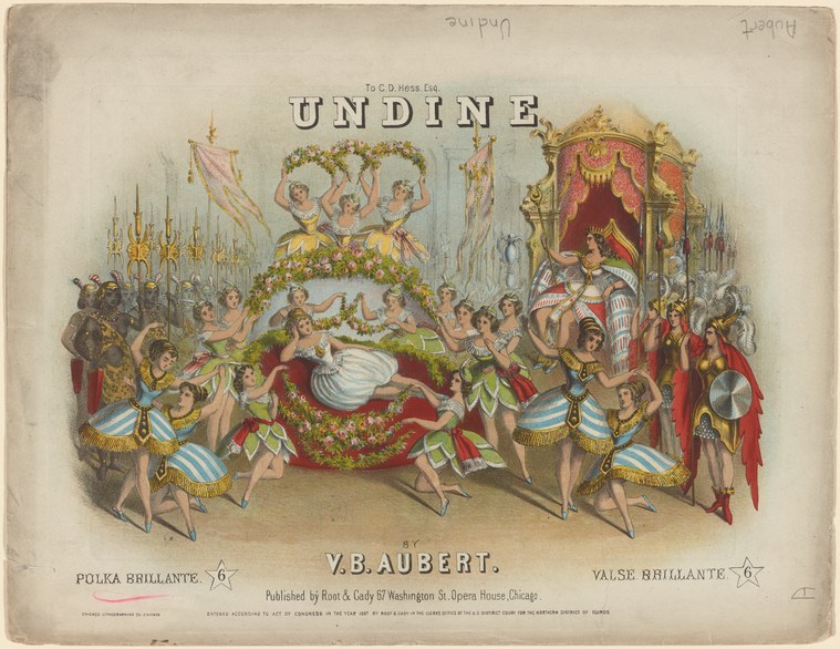 Hand-colored print: A reclining female figure in white lies on an enormous floral bower carried by male dancers in classical armor, flanked by armed warriors