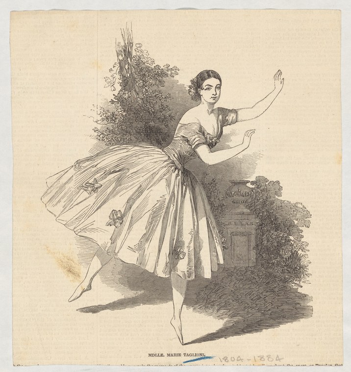 Woman in striped skirt and dark bodice stands poised in a garden, arms held gracefully at her sides, foot extended lightly.