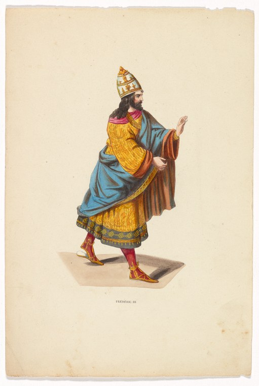 Engraved figure in profile wearing a gold tunic, blue mantle, and ornate mitre, with raised hand in gesture of blessing or authority.