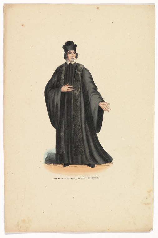 Hand-colored engraving of a nun in black habit and white collar, standing with right hand open in blessing, facing slightly right.