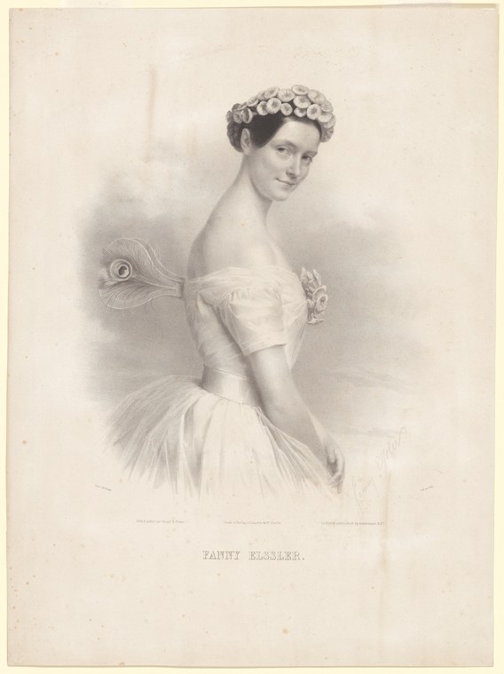 Fanny Elssler in white ball gown, turned toward viewer, holding a peacock feather.