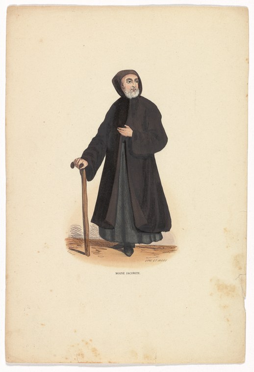 An elderly woman in black religious habit and bonnet, leaning on a walking stick, standing upright and still against a plain background.