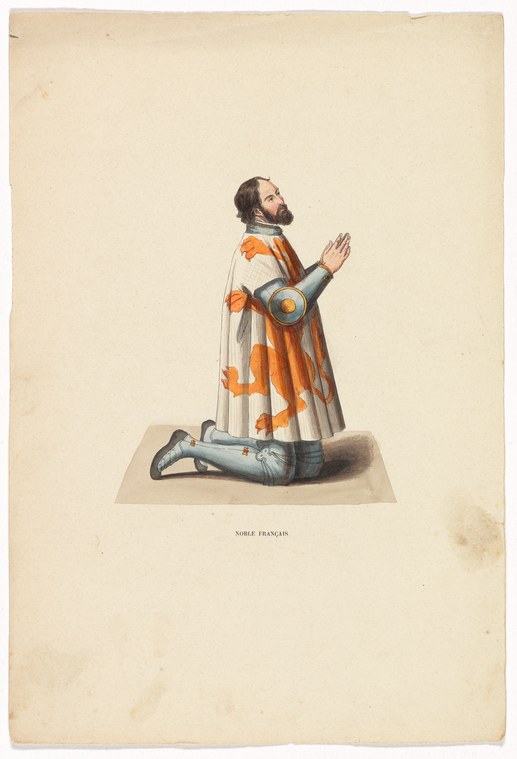 Hand-colored engraving of a French nobleman kneeling in prayer, wearing a white cloak with gold motifs and dark doublet.