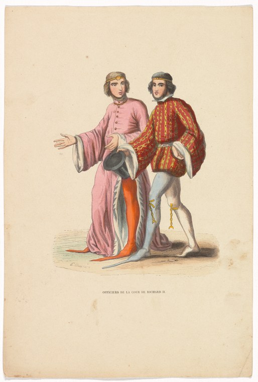 Two men in 15th-century courtly dress: one in a pink robe with billowing sleeves gestures outward; the other wears a red-orange tunic and holds a fan.
