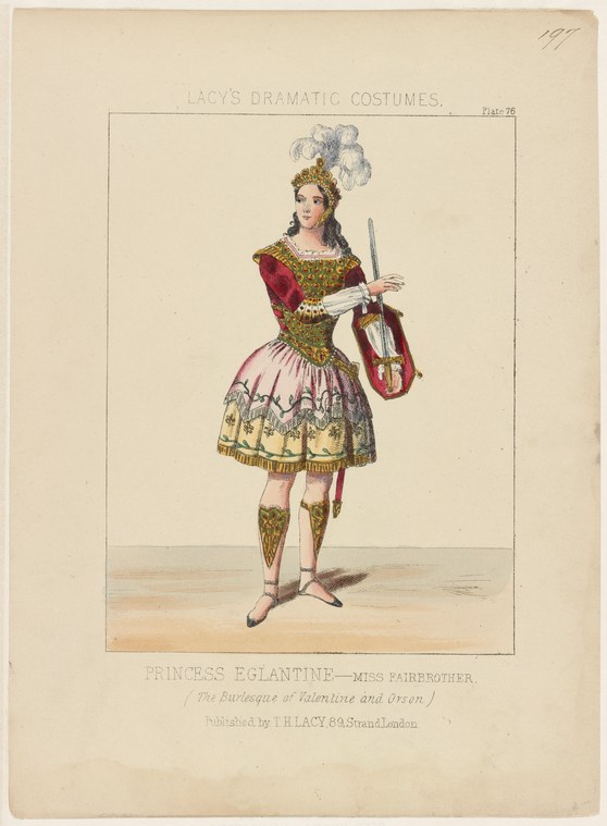 Hand-colored engraving of a woman in elaborate 19th-century stage costume holding a lute, wearing a feathered headdress.