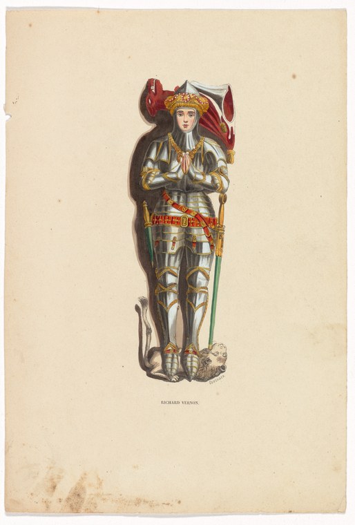 Armored figure in full plate armor with golden crown, holding a red banner, standing in formal heraldic pose.
