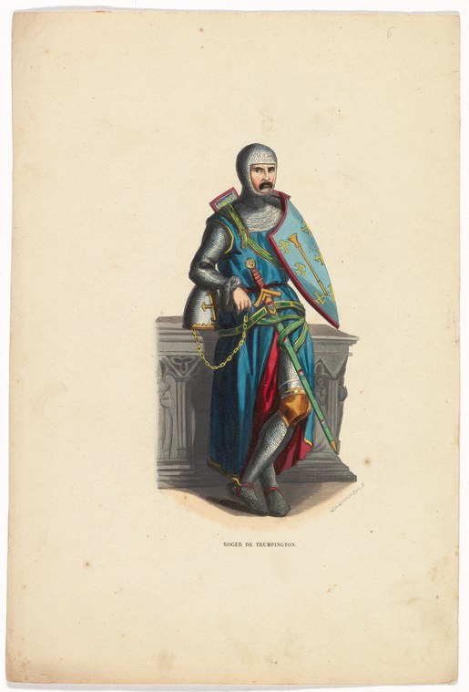 A man in full plate armor and blue embroidered surcoat stands formally against a stone architectural backdrop, gazing downward.