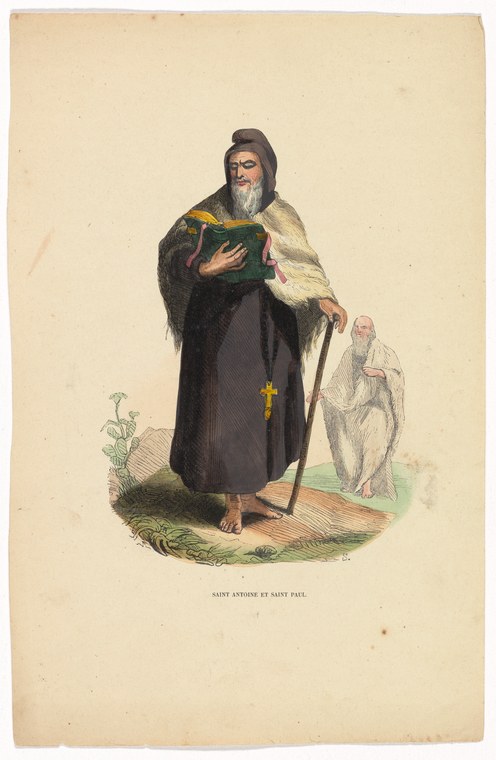 An elderly bearded saint in dark habit and white fur cloak raises his hand in blessing, while a younger figure kneels in prayer before him.
