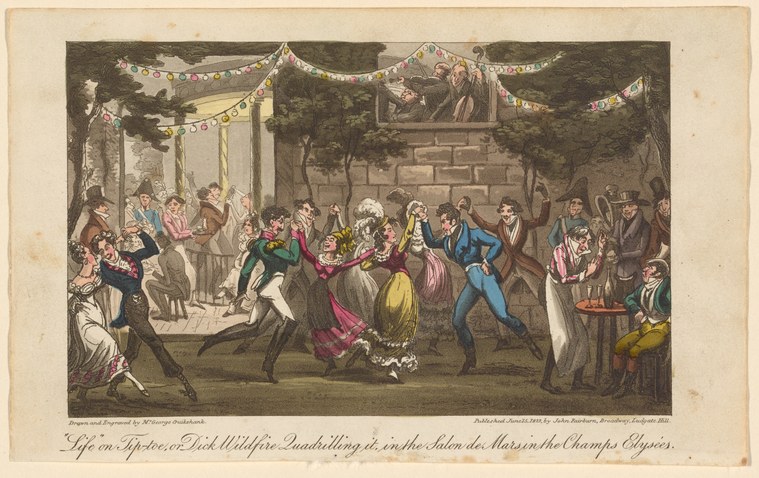 Hand-colored engraving of couples dancing a quadrille in an outdoor ballroom pavilion with spectators watching from the sides.