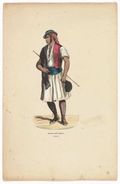 Hand-colored engraving of a standing figure in regional dress holding a staff and round shield, viewed as an ethnographic specimen.