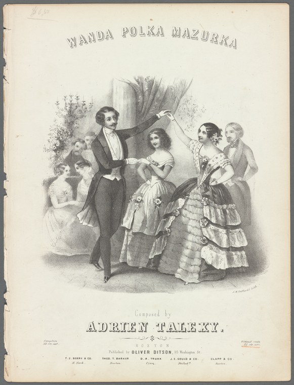 A lithograph of a well-dressed man in dark clothes gesturing toward five women in elaborate mid-19th-century ballroom dresses, suggesting a moment of courtship